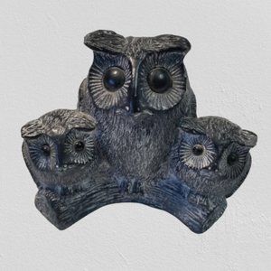 Soapstone Carved Owl and Babies on a Tree Branch
